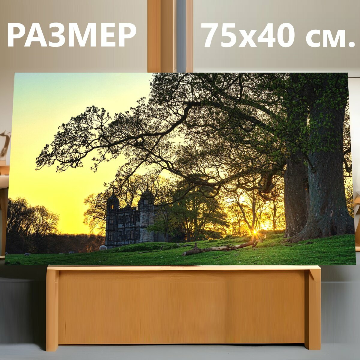 Картина на холсте "Дерево, замок, луг" на подрамнике 75х40 см. для интерьера