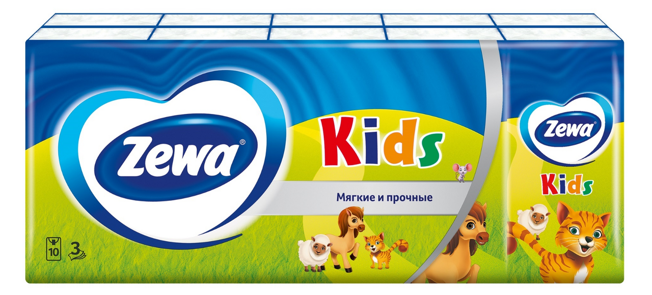 Платочки бумажные детские ZEWA Kids носовые, 3-слоя, 10x10шт