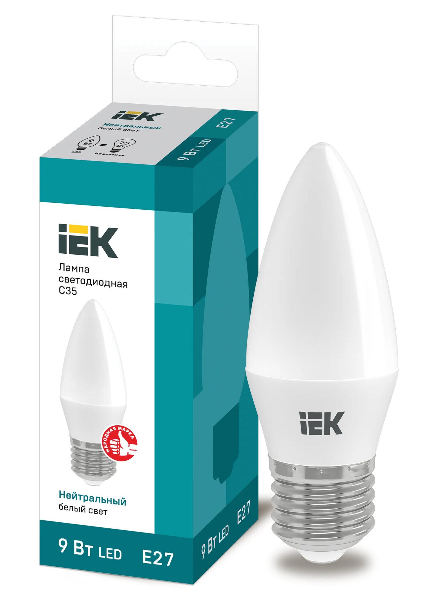 Светодиодные лампы IEK Лампа светодиодная Eco 9Вт C35 свеча 4000К нейтр. бел. E27 230В IEK LLE-C35-9-230-40-E27 (упаковка 5 шт)