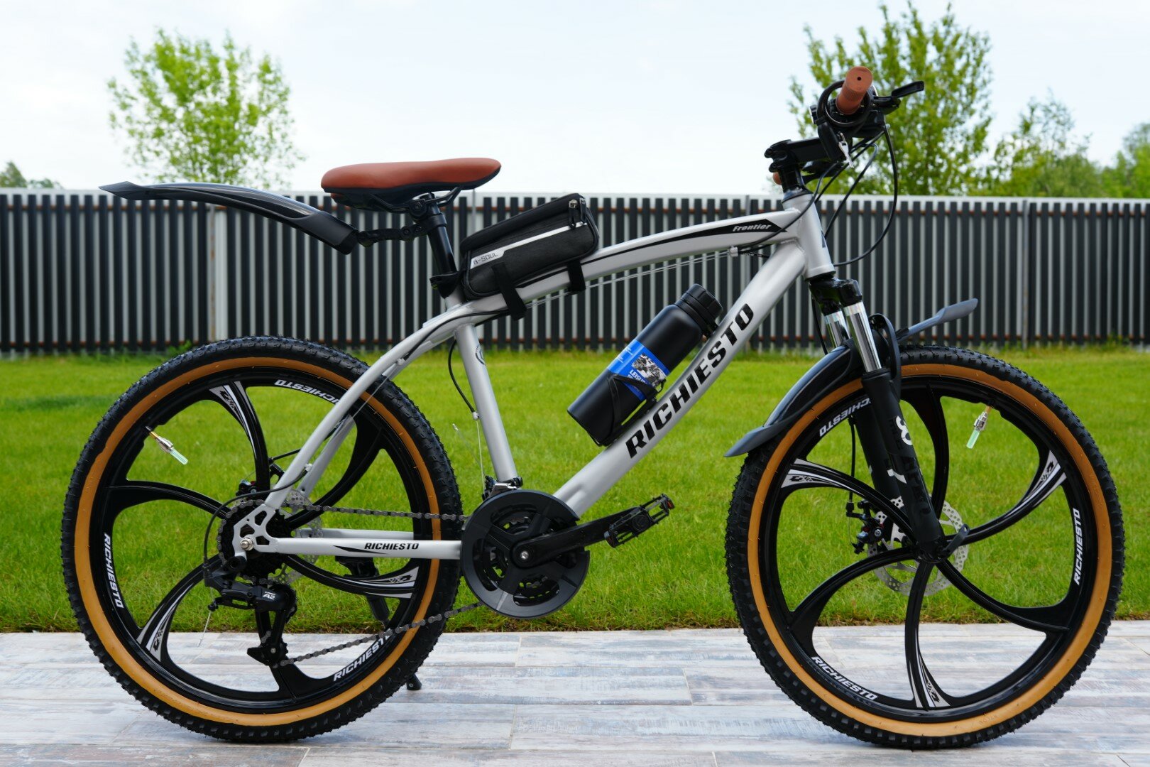 Велосипед горный RICHIESTO 24" колёса Алюминиевые кованные литые диски Детский Подростковый Спортивный, серый/коричневый