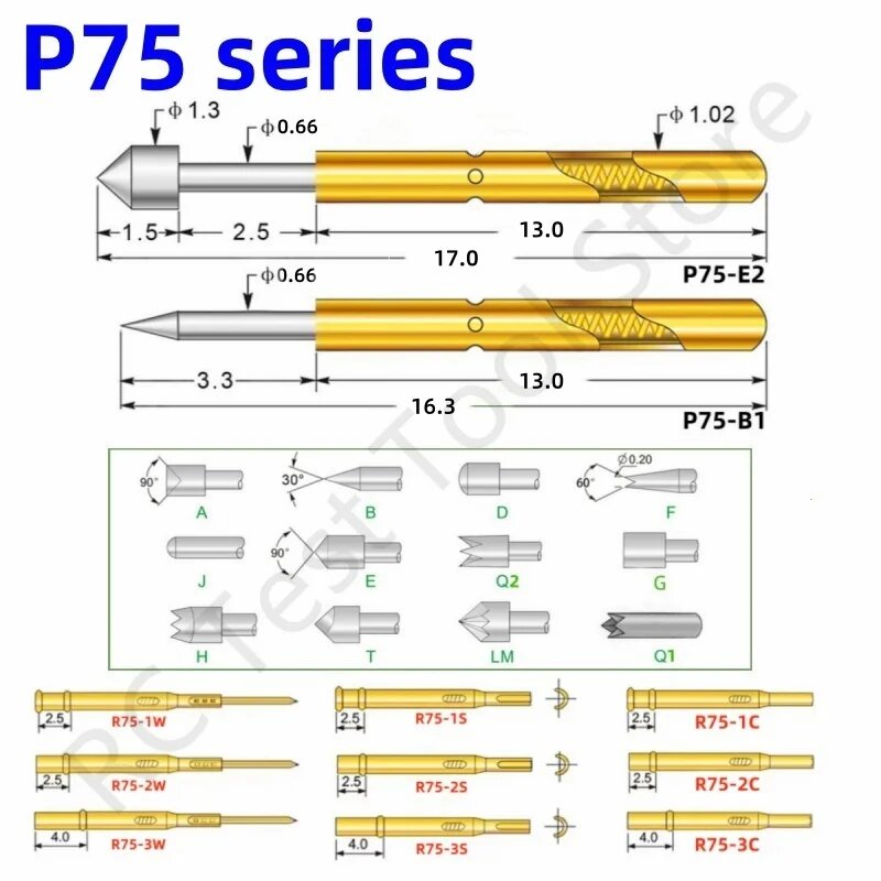Пружинный тестовый зонд P75 R75 серии Pogo Pin 102 мм никелированная игловая головка 13/15 мм розетка латунная трубка Φ P75-A3