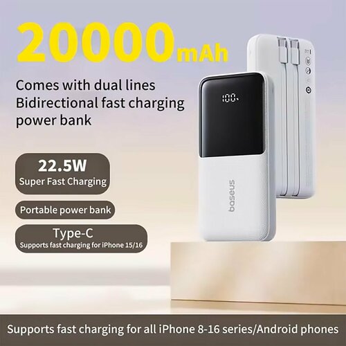 Внешний аккумулятор Baseus Ultra-Fast Dual-Cable Power Bank with Digital Display 20000mAh 225W - White 400000₽