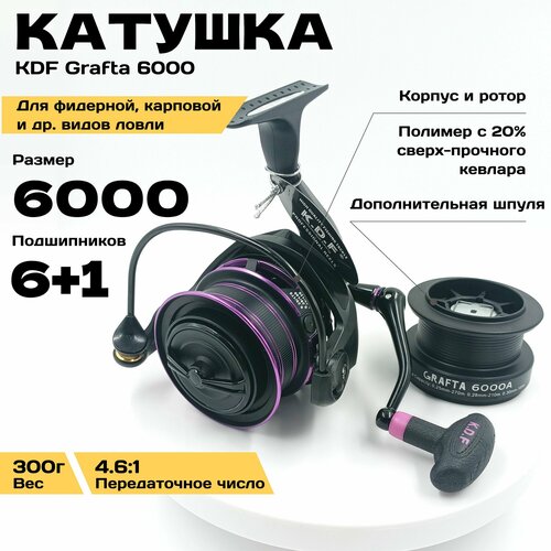 Катушка рыболовная для фидерной, карповой ловли, KDF Grafta 6000 с дополнительной шпулей, корпус полимер с кевларом, 6+1 планетарный, Передаточное число 4.6:1
