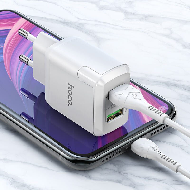 Зарядное устройство Hoco N6 Charmer, 18 Вт, QC3.0, 2 порта USB-A, 5В/3А, EU-вилка, в комплекте кабель 1 м — фото 1