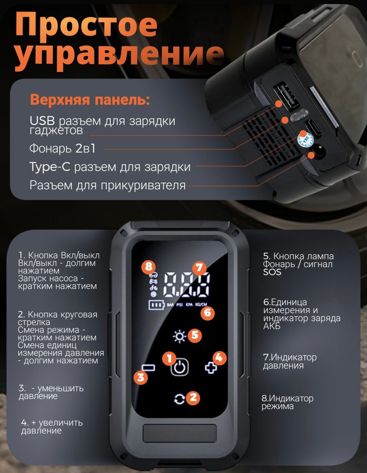 Картинки Автомобильный компрессор 2 в 1, с цифровым дисплеем, Power Bank, для автомобиля, велосипеда