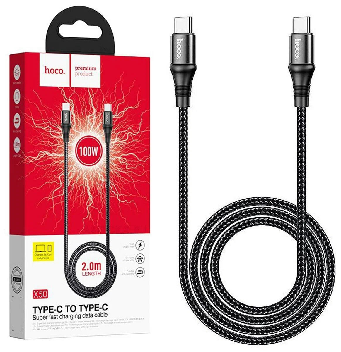 Кабель Hoco X50, Type-C, 100 Вт, тканевая оплётка, для быстрой зарядки — фото 1