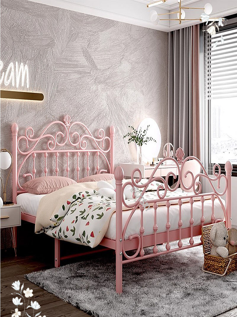 Розовая металлическая односпальная кровать/120x200 см/Европейский стиль
