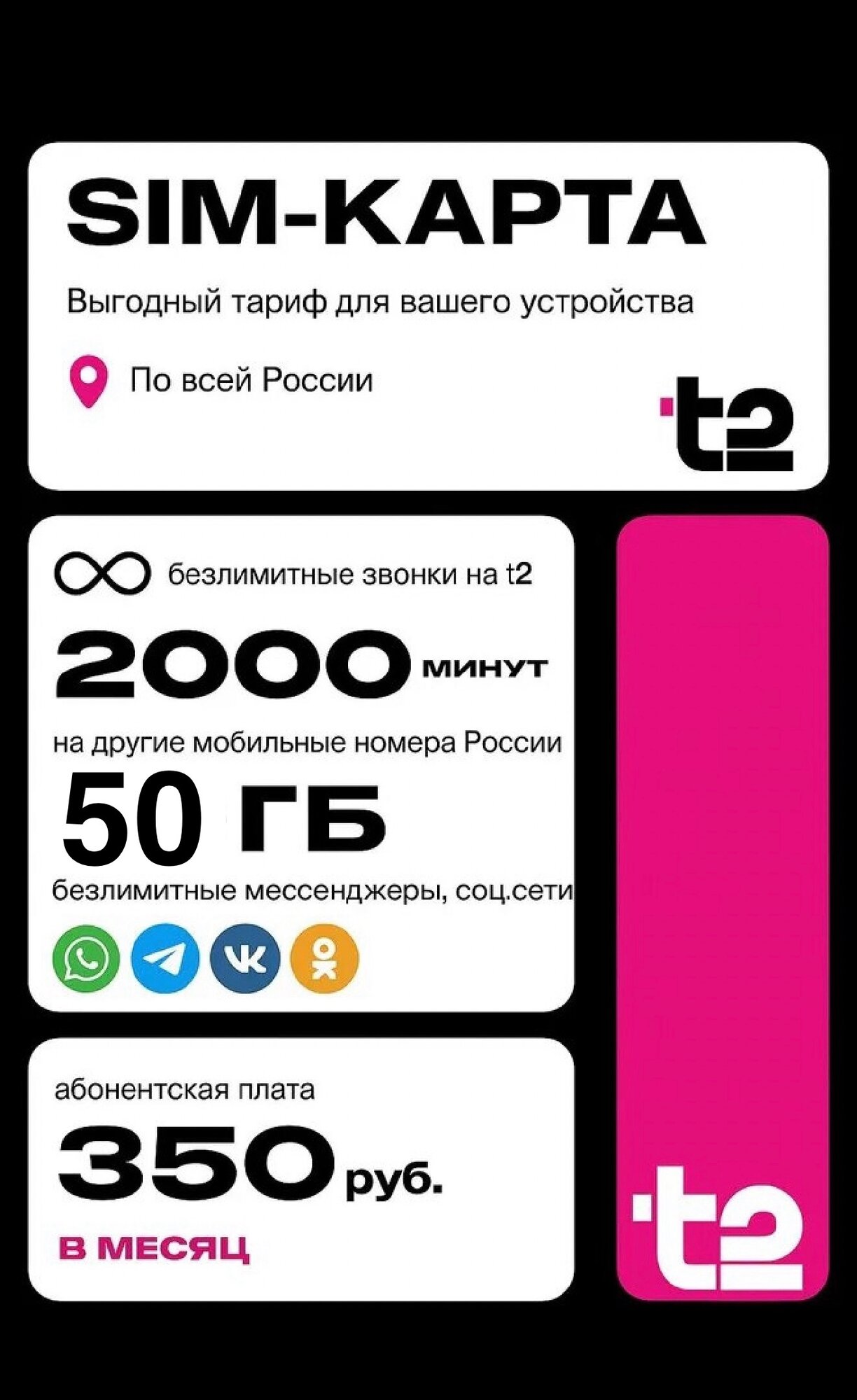 Сим-карта Теле2 "Всё включено", 50ГБ, 2000 мин, 350р/мес, Москва, Россия
