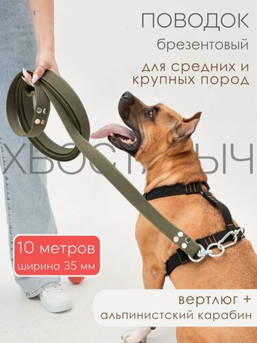 Изображение товара Поводок Хвостатыч для собак крупных пород с вертлюгом и альпинистским карабином брезент 10 м х 35 мм (зеленый)