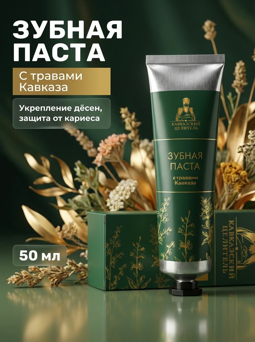 Зубная паста с травами Кавказа и тамбуканской грязью для отбеливания и укрепления десен, 50 мл