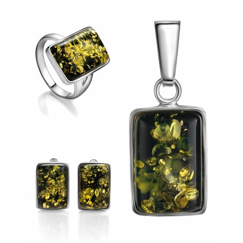 фото Комплект бижутерии: подвеска, серьги, кольцо, янтарь, зеленый amberhandmade