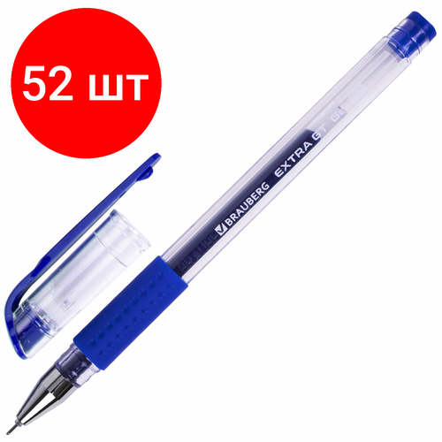 Комплект 52 шт, Ручка гелевая с грипом BRAUBERG EXTRA GT NEEDLE, синяя, игольчатый узел 0.5 мм, линия 0.35 мм, 143916