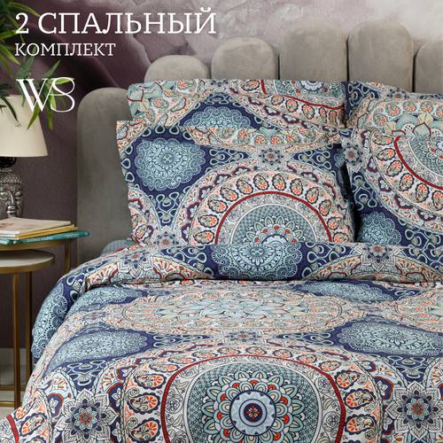 Постельное белье WINDSLOW Arianna, перкаль, 2-спальное с европростыней, наволочка 70х70, 100% хлопок, премиум упаковка бежевый, синий, зеленый, размер евростандарт