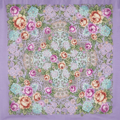 фото Платок павловопосадская платочная мануфактура,89х89 см, фиолетовый, розовый