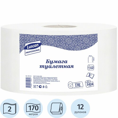 Туалетная бумага Luscan Professional белая двухслойная 170 м 12 рул., белый, без запаха туалетная бумага для диспенсера 1 слой 12 рулонов по 200 метров