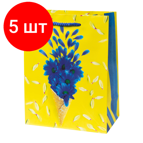 Комплект 5 штук, Пакет подарочный Цветы на желтом, ламин, 140 г/м2, 17.8x22.9x9.8см, 87926