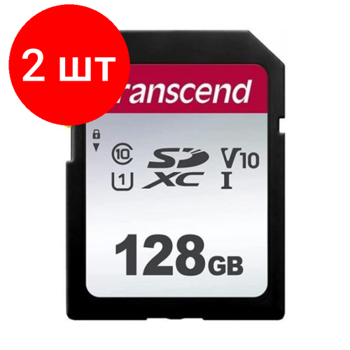 Комплект 2 штук, Карта памяти Transcend 300S SDXC 128Gb UHS-I Cl10, TS128GSDC300S карта памяти transcend sdxc 128gb class 10 uhs i u3 v30