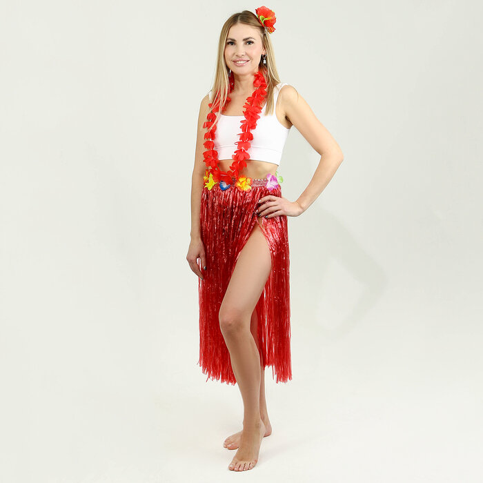 Гавайский набор «Тропики»: юбка, зажим, венок, цвет красный