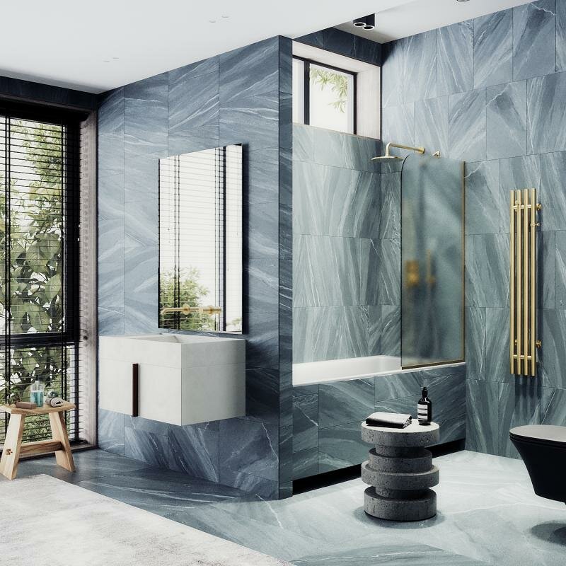 фото Maybah Glass Неподвижная шторка для ванны в узком профиле 80 см, стекло матовое, профиль золото MGV-94-3у Maybah Glass