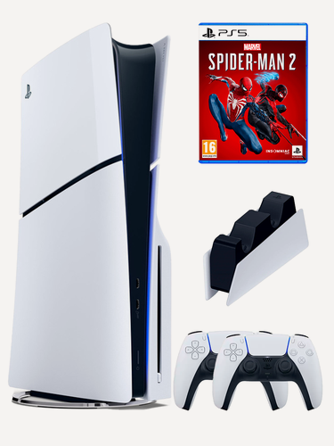 Изображение товара PS5 (ПС5) Игровая приставка Sony PlayStation 5 Slim disc + 2-й геймпад(белый) + зарядное + игра Spider-Man2