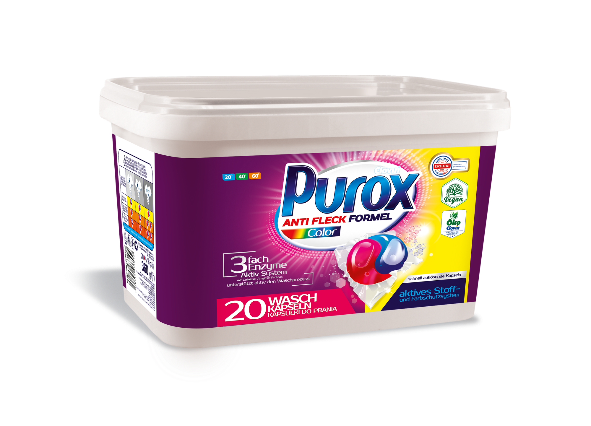 Капсулы для стирки цветных тканей Purox Color 20 шт по 18 г (контейнер)