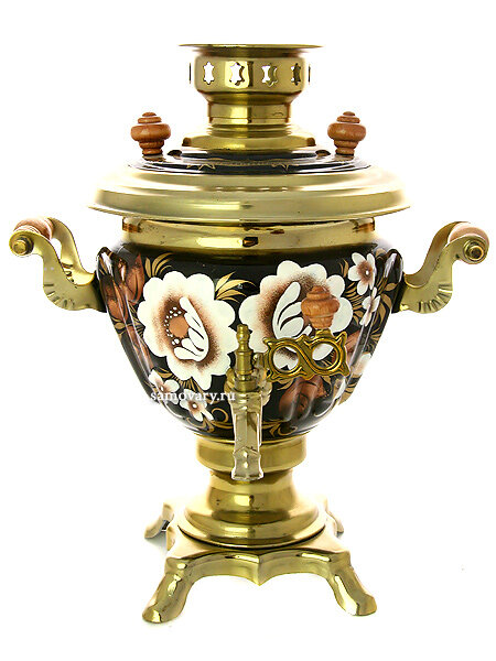 фото Электрический самовар 2 литра расписной с художественной росписью "Жостово на черном фоне", арт. 155613