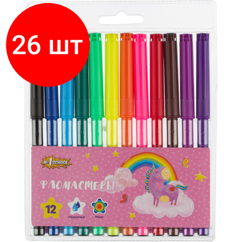 Комплект 26 наб, Фломастеры №1School Волшебный Единорог 12цв, вентилир, смыв, блист. упак