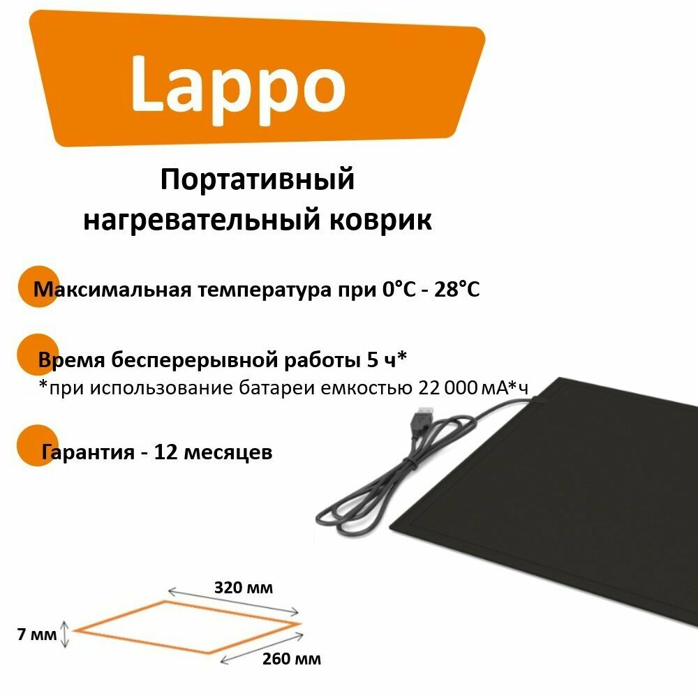 Коврик туристический с подогревом Lappo от USB (новая улучшенная версия), 32х26 см черный