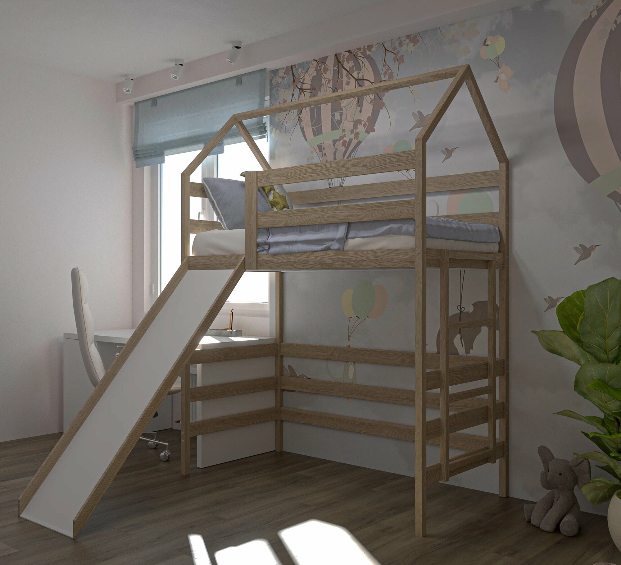 Кровать детская, подростковая "Чердак с горкой", 160х80, натуральный цвет, из массива