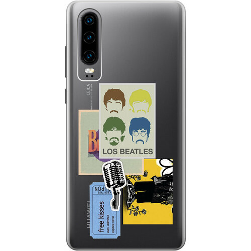 Силиконовый чехол на Huawei P30, Хуавей П30 с 3D принтом Beatles Stickers прозрачный матовый soft touch силиконовый чехол на huawei p30 хуавей п30 с 3d принтом beatles stickers черный