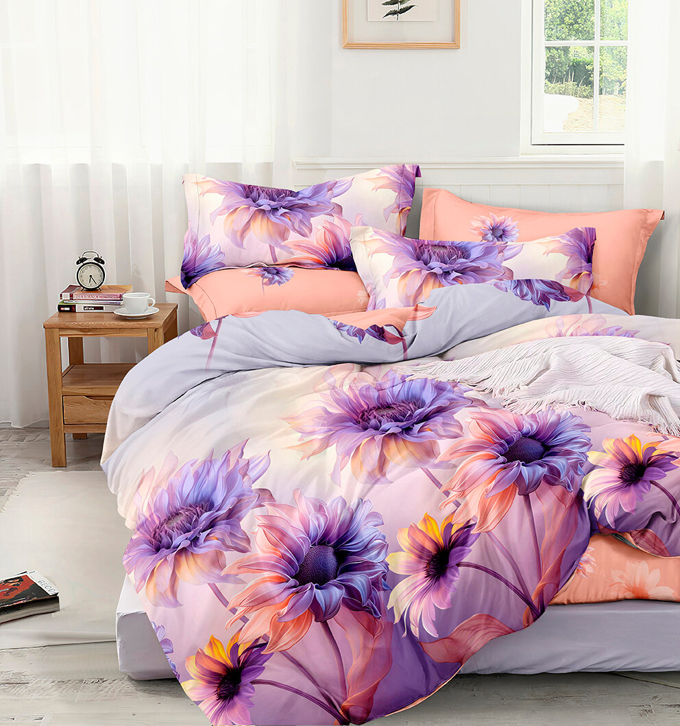 Комплект постельного белья с фиолетовыми цветами Поплин Элис Текстиль 2-сп с простыней на рез. 160х200 рис. 0284 наволочки 70х70 хлопок