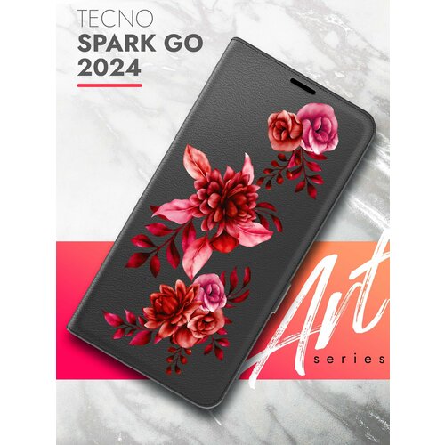 Чехол на Tecno Spark Go 2024 (Техно Спарк Гоу 2024) черный книжка эко-кожа с функцией подставки и магнитами Book case, Brozo (принт) Гранатовые Цветы чехол на tecno spark go 2024 техно спарк гоу 2024 черный книжка эко кожа с функцией подставки и магнитами book case brozo принт корги шарики