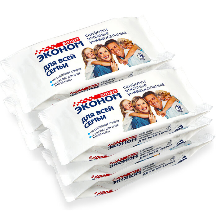 Влажные салфетки Эконом Smart для всей семьи, 6 упаковок по 70 шт 10330977