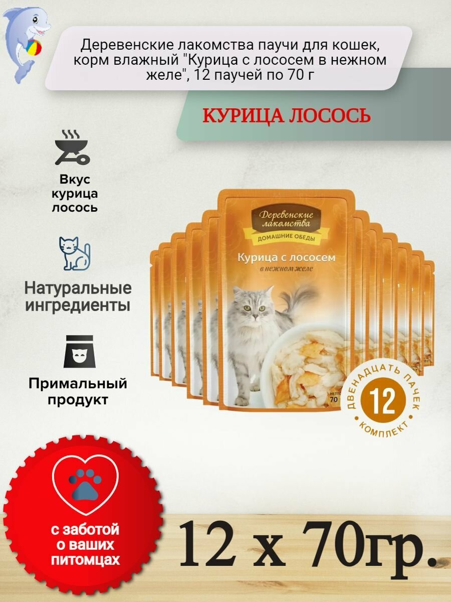 Деревенские лакомства Домашние обеды 70 г консервы для кошек курица с лососем в нежном желе пауч* 12 шт)