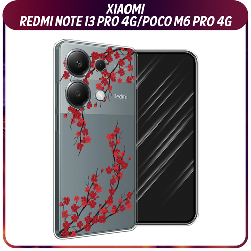 Силиконовый чехол на Xiaomi Redmi Note 13 Pro 4G/Poco M6 Pro 4G / Сяоми Редми Нот 13 Про 4G/Поко М6 Про 4G Красная сакура, прозрачный чехол кожаный для xiaomi redmi note 13 pro 4g poco m6 pro 4g чехол на редми ноте 13 про поко м6 про с защитой камеры змея черный