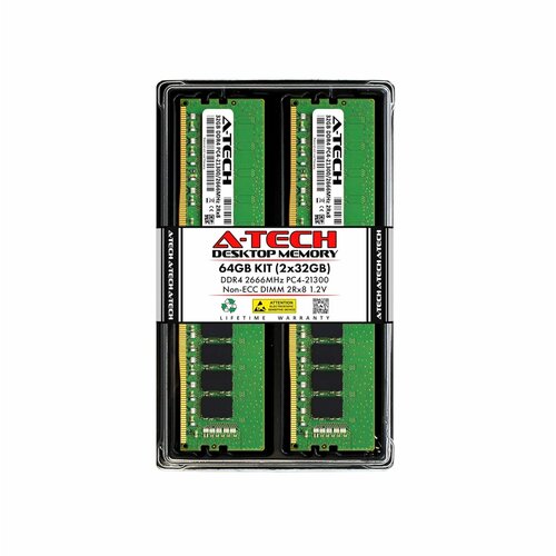 A-Tech 64GB (2x32GB) DDR4 2666 MHz UDIMM PC4-21300 (PC4-2666V) CL19 DIMM 2Rx8 Non-ECC модуль памяти ddr4 16gb biwintech b14auag72619r a pc4 21300