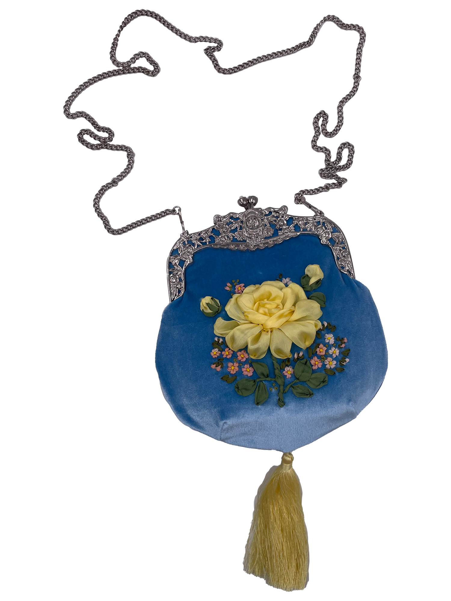 фото Женская сумочка "винтажная", бархатная, расшитая шелковыми лентами, "Роза, Сирень"