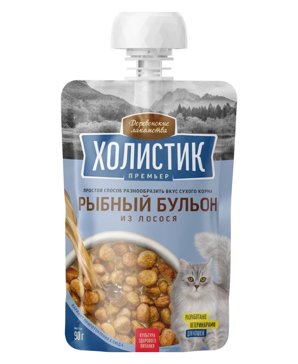 фото Деревенские лакомства "Холистик Премьер" для кошек рыбный бульон из Лосося 90г.