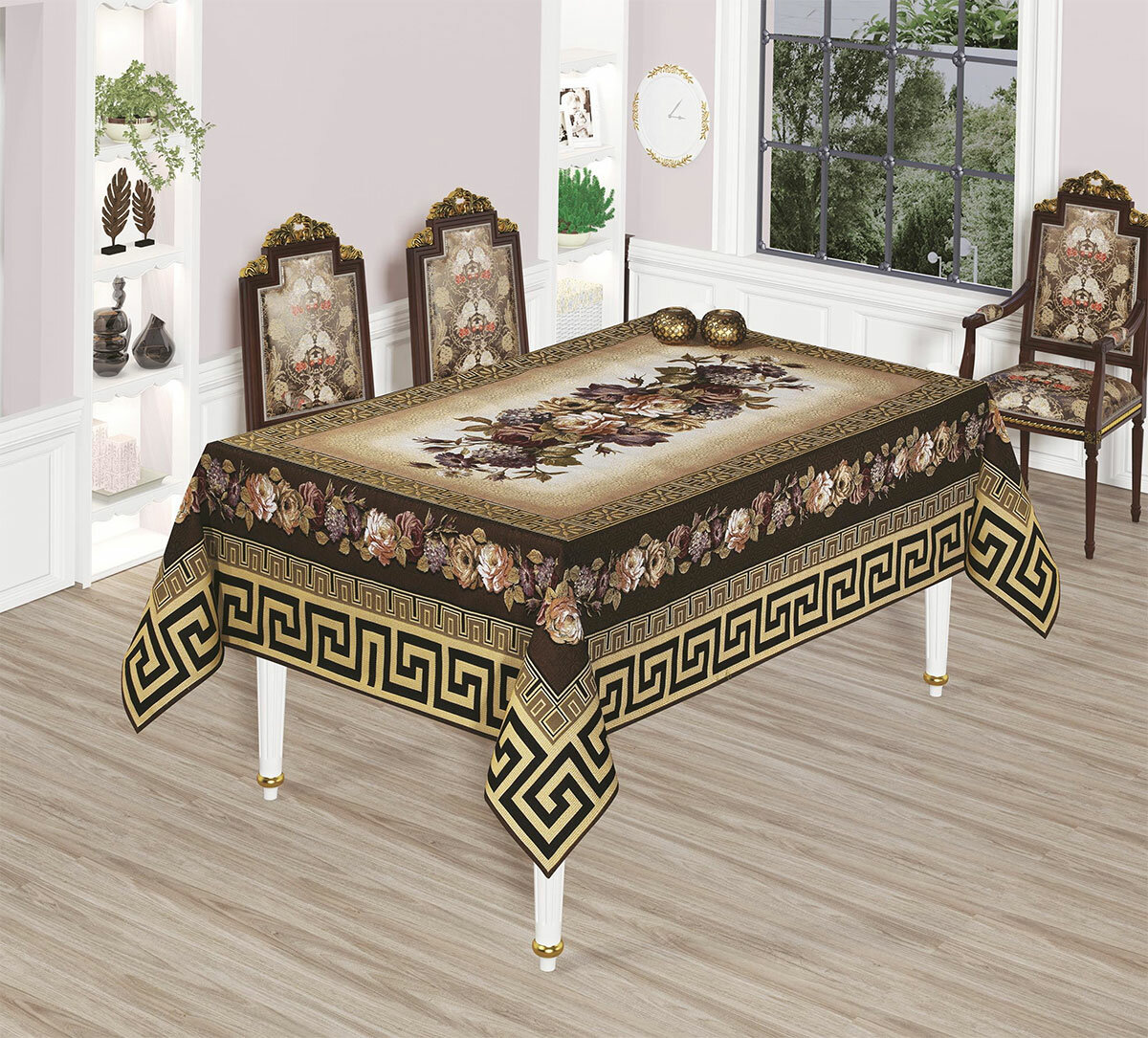 фото Гобеленовая прямоугольная скатерть с жаккардом 10464 V1 Spring Lux Doco (бежевый-черный), Скатерть 160x220