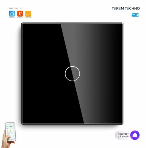 Умный WiFi выключатель Terem Techno с Алисой с нулем и без нуля одиночный сенсорный с металлической рамкой черный с таймером и голосовым управлением Tuya / Smart Life / Digma умным домом