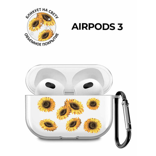 Силиконовый прозрачный чехол для наушников Apple AirPods 3 / АирПодс 3 с 3D принтом "Sunflowers" черный, бесцветный, желтый