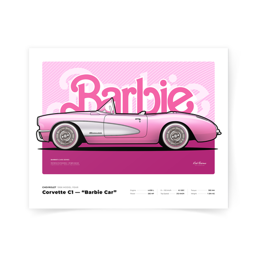 Плакат, картина, постер с авто, автомобилем, машиной Barbie — Chevrolet Corvette C1 “Barbie Corvette” / плакат 40х50см на стену (в тубусе)