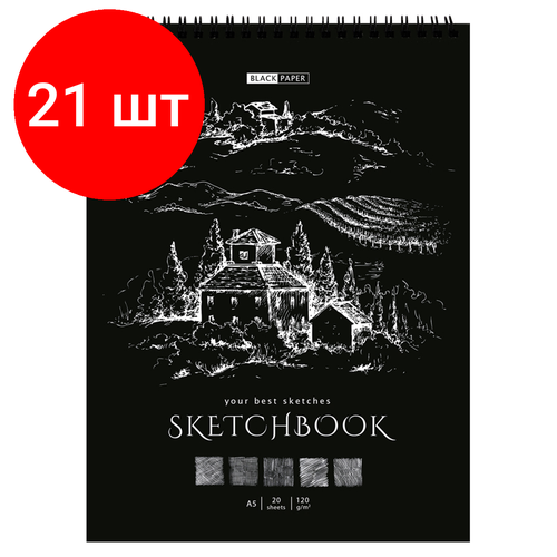 Комплект 21 шт, Скетчбук 20л, А5 ArtSpace Black line. House, на гребне, черный блок,120г/м2 блокнот для зарисовок а5 20л artspace black line house 120 г кв м черный блок спираль skа520 38361