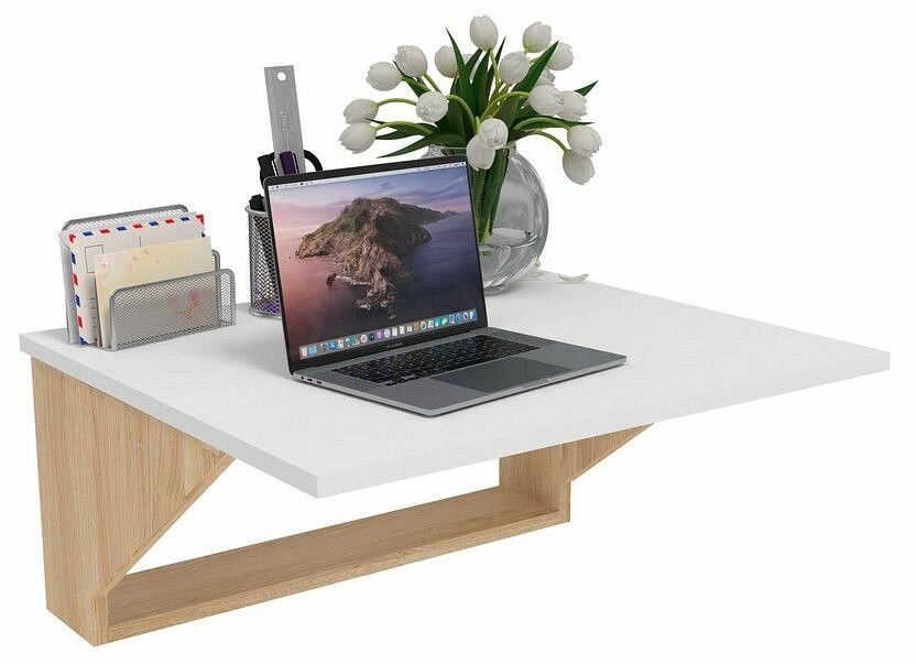 Стол письменный складной откидной настенный HESBY Amazing Assistant для ноутбука, для спальни, на балкон. Габариты: 60х53х28 см. Цвет: белый/дуб сонома