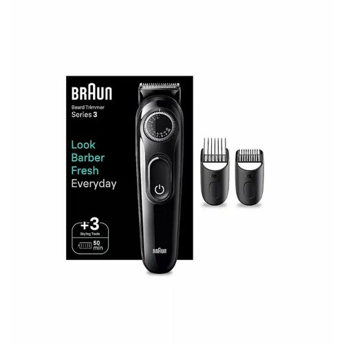 Триммер для бороды Braun Series 3 BT3410 Black с прецизионным колесом 40 настроек длины 2 насадки-гребня время работы 50 минут черныйсерый 646900₽