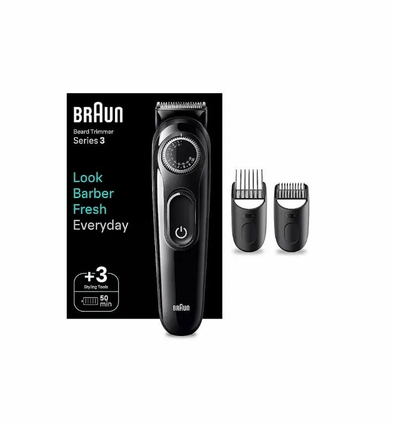 Триммер для бороды Braun Series 3 BT3410 Black, с прецизионным колесом, 40 настроек длины, 2 насадки-гребня, время работы 50 минут, черный/серый