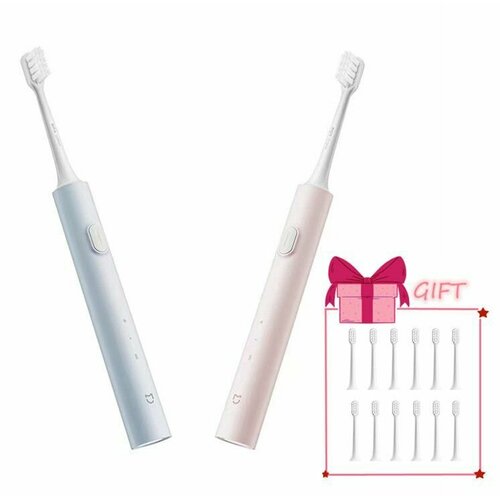 Электрическая зубная щетка Mijia T200 Electric Toothbrush MWS606 пара набор(Подарок: Насадка для зубной щетки 12шт), голубой , розовый