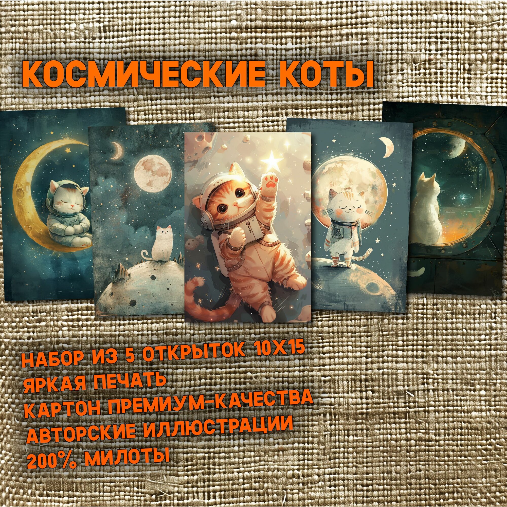 Космические мурчалки 4: набор из 5 открыток про котов-космонавтов на орбите ярких планет, для посткроссинга и поздравлений, к дню космонавтики