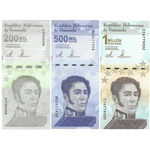 Венесуэла набор банкнот 200000-500000-1000000 боливаров 2020 год UNC купюра 2000 боливаров 2016 г