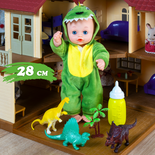 кукла малышка пупс 9 см малыш младенец пластик игрушка в дорогу подарок девочке w800 76 в пакете tongde Кукла пупс 28 см в кигуруми с динозаврами, реалистичная куколка малыш в зеленом костюме